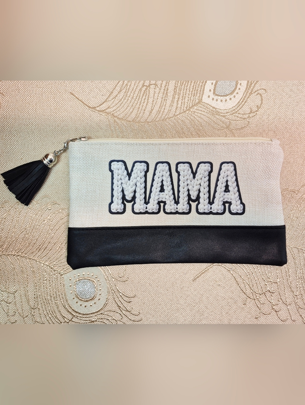 🎁🆓️ MAMA Canvas Cosmetic Pencil Storage Bag Black Faux Leather Trim Tassel